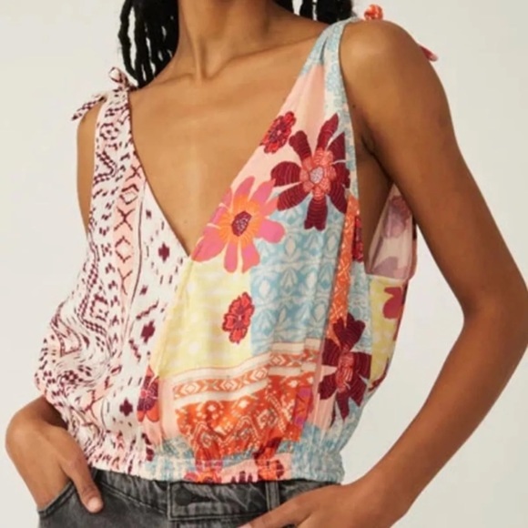 Free People | Floral Tie Shoulder Tank Tropical Combo Size Small Boho Beach - Picture 2 of 4